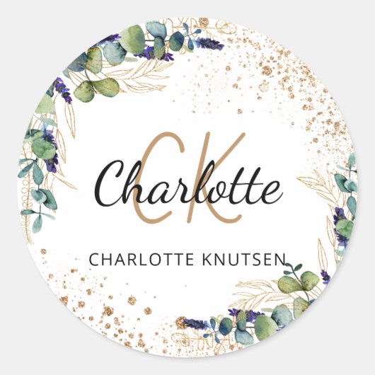 Eucalyptus groen glitter monogram dank u ronde sticker (Voorkant)