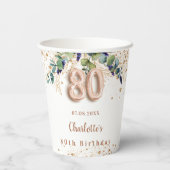 Eucalyptus groen glitter naam 80e verjaardag papieren bekers (Achterkant)