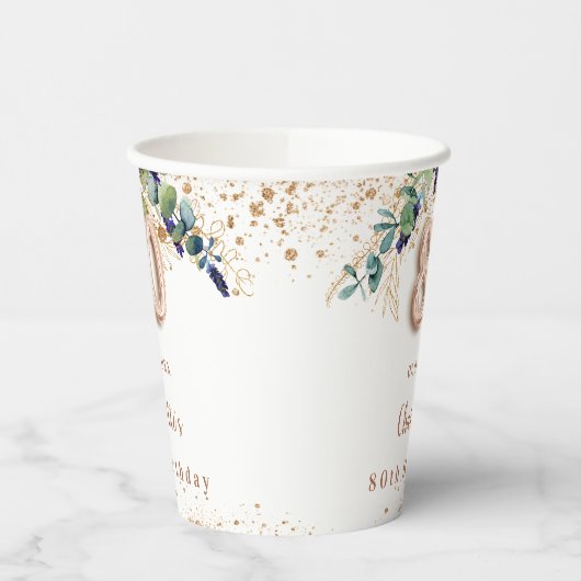 Eucalyptus groen glitter naam 80e verjaardag papieren bekers (Links)