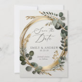 Eucalyptus groen goud bladeren script bruiloft save the date (Voorkant)