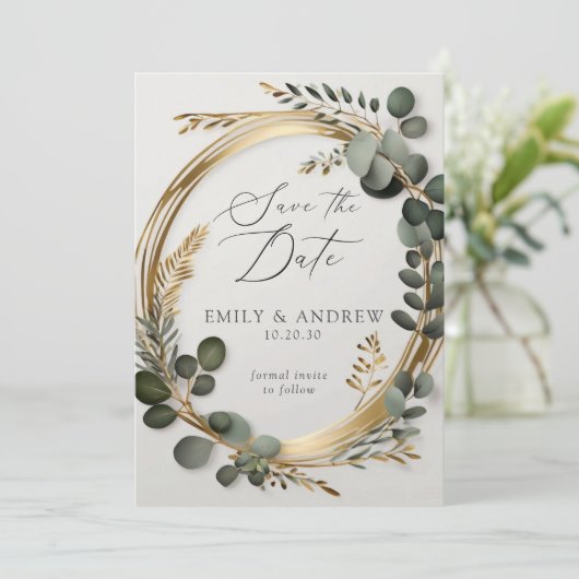 Eucalyptus groen goud bladeren script bruiloft save the date (Staand voorkant)