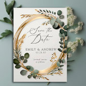 Eucalyptus groen goud bladeren script bruiloft save the date
