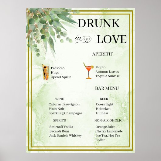 Eucalyptus Groen Goud Bladgroen Bruiloft Bar Menu Poster (Voorkant)