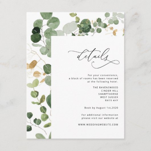 Eucalyptus groen goud bruiloft details behuizing informatiekaartje (Voorkant)