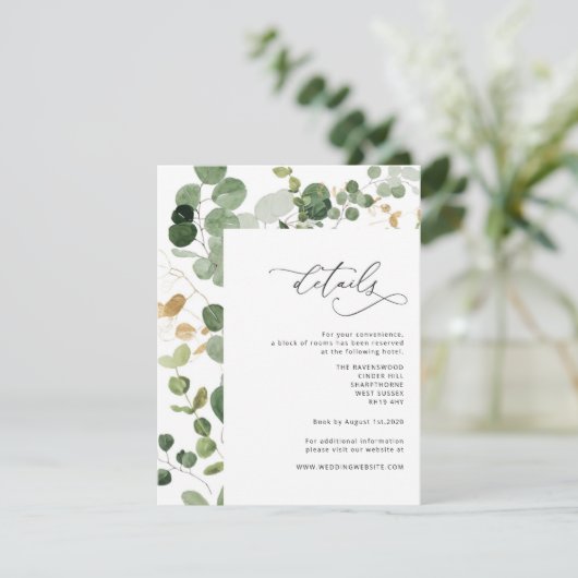 Eucalyptus groen goud bruiloft details behuizing informatiekaartje (Staand voorkant)