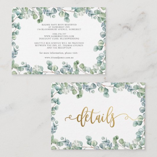 Eucalyptus groen goud bruiloft details info informatiekaartje (Voorkant / Achterkant)