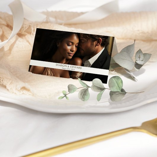 Eucalyptus groen & goud bruiloft foto gevouwen plaatskaartje