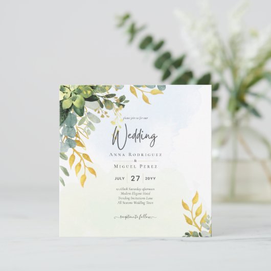 Eucalyptus groen goud bruiloft uitnodigen groen kaart (Staand voorkant)