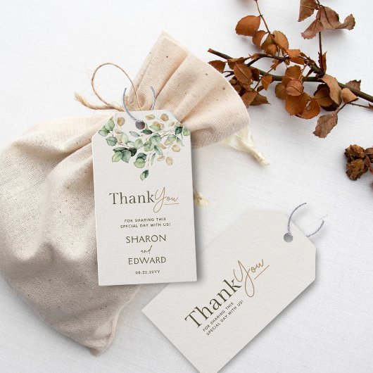 Eucalyptus groen & goud chique bruiloft Dank u Cadeaulabel