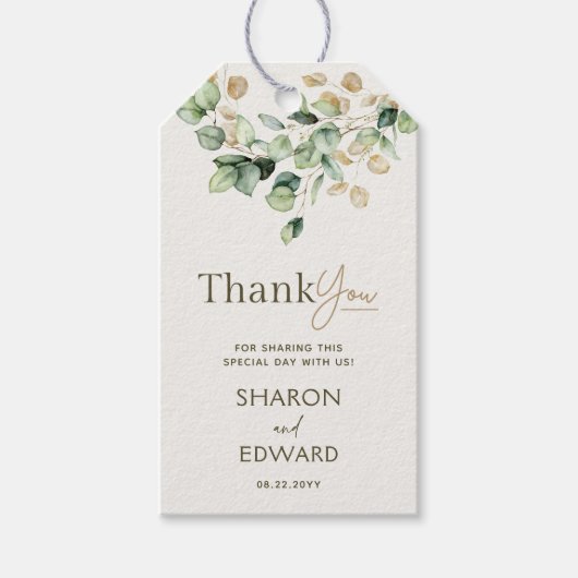 Eucalyptus groen & goud chique bruiloft Dank u Cadeaulabel (Voorkant)