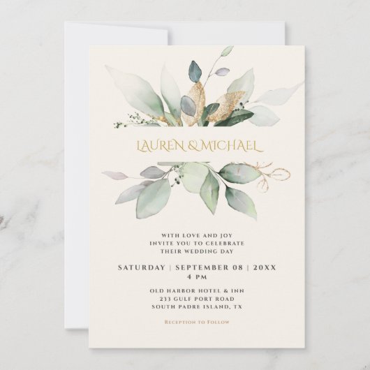 Eucalyptus groen & goud Ecru bruiloft uitnodiging (Voorkant)