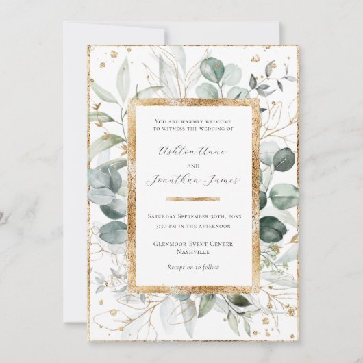 Eucalyptus groen goud elegante bruiloft kaart (Voorkant)