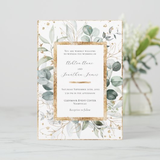 Eucalyptus groen goud elegante bruiloft kaart (Staand voorkant)