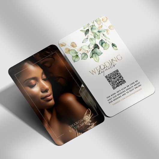 Eucalyptus Groen & Goud Foto QR Code Huwelijk RSVP Informatiekaartje