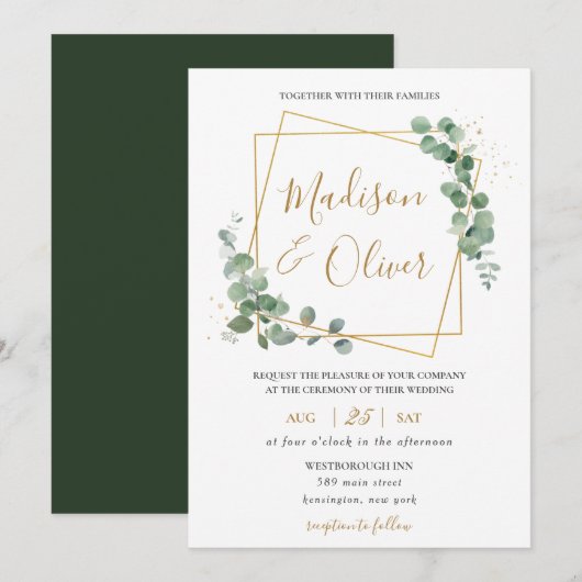 Eucalyptus groen goud geometrische moderne bruilof kaart (Voorkant / Achterkant)