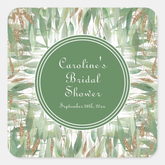 Eucalyptus Groen Goud Glitter Bladeren Bruidsfeest Vierkante Sticker (Voorkant)
