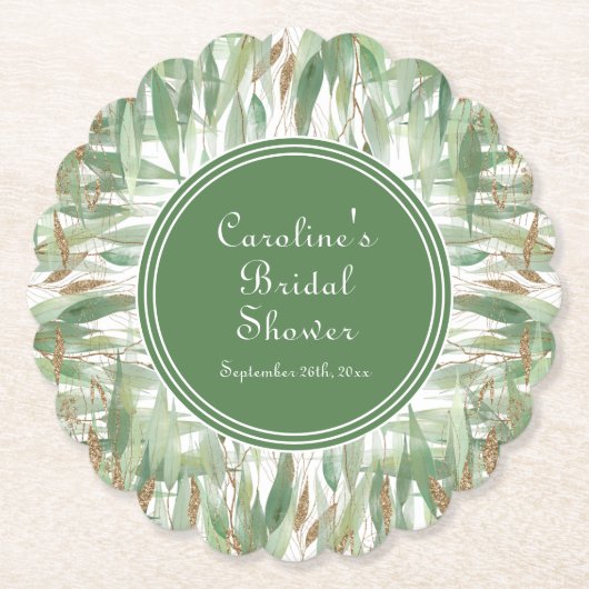 Eucalyptus Groen Goud Glitter Bladeren Bruiloft Fe Kartonnen Onderzetters (Voorkant)