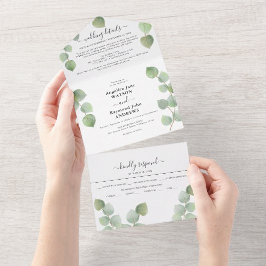 Eucalyptus groen & goud klassieke bruiloft all in one uitnodiging (Afscheurbaar)
