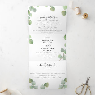 Eucalyptus groen & goud klassieke bruiloft drieluik uitnodiging