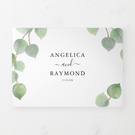 Eucalyptus groen & goud klassieke bruiloft drieluik uitnodiging (Cover)