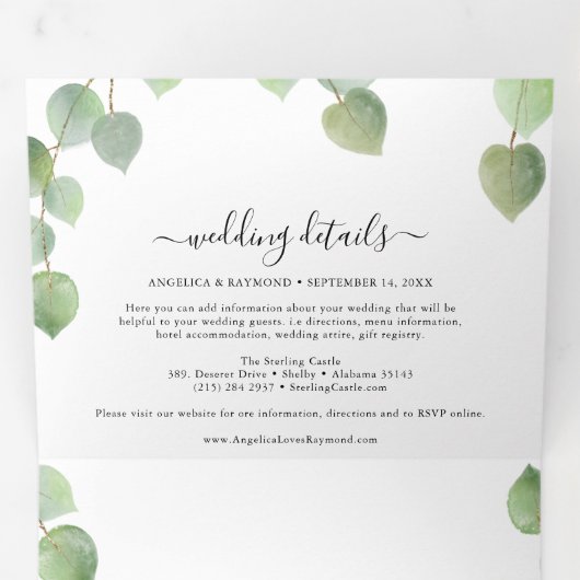 Eucalyptus groen & goud klassieke bruiloft drieluik uitnodiging (Binnenzijde eerst)