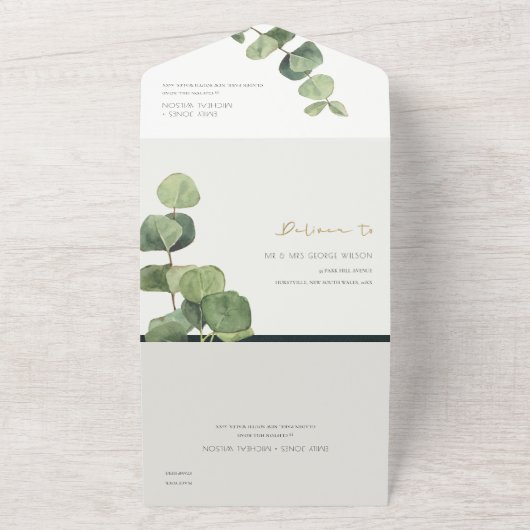 EUCALYPTUS GROEN GOUD LOOF WATERVERF TROUW  ALL IN ONE UITNODIGING (Buitenkant)