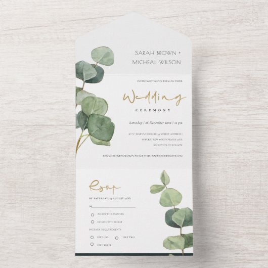 EUCALYPTUS GROEN GOUD LOOF WATERVERF TROUW  ALL IN ONE UITNODIGING (Binnen)