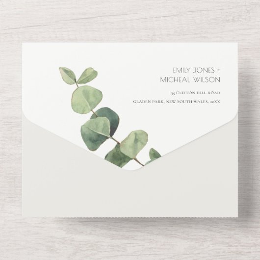 EUCALYPTUS GROEN GOUD LOOF WATERVERF TROUW  ALL IN ONE UITNODIGING (Achterkant)