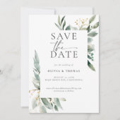 Eucalyptus groen goud moderne elegante bruiloft save the date (Voorkant)