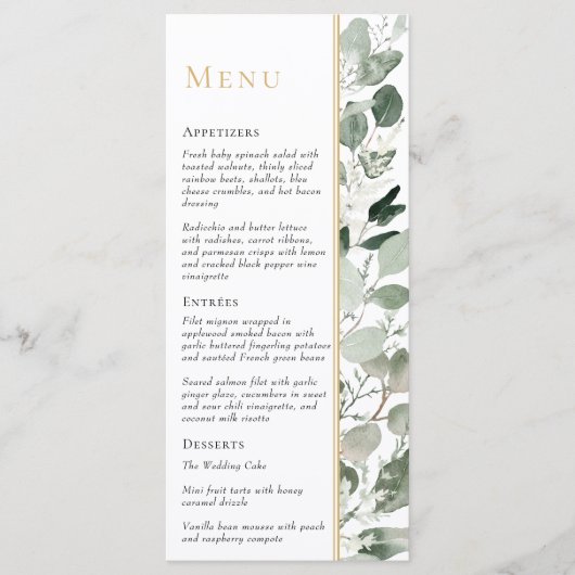 Eucalyptus groen goud moderne salie groen bruiloft menu (Voorkant)