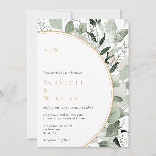 Eucalyptus groen goud monogram foto bruiloft kaart (Voorkant)