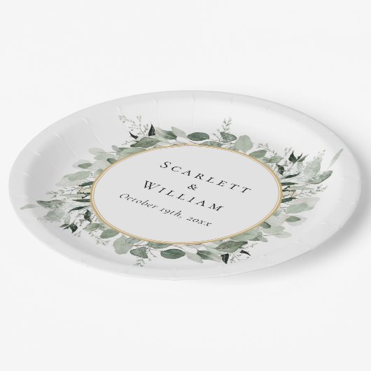 Eucalyptus groen goud salie groen bruiloft papieren bordje (Gekanteld)