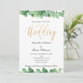 Eucalyptus Groen Goud Script Elegante Trouw Kaart (Staand voorkant)