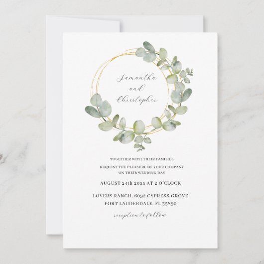 Eucalyptus Groen & Goud Waterverf Krans Bruiloft Kaart (Voorkant)