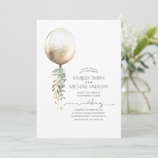 Eucalyptus groen gouden ballon elegante bruiloft kaart (Staand voorkant)