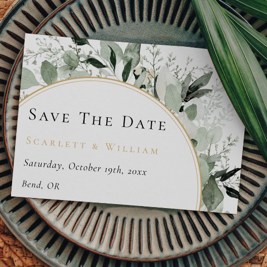 Eucalyptus groen gouden boog salie groen bruiloft save the date