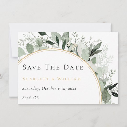 Eucalyptus groen gouden boog salie groen bruiloft save the date (Voorkant)