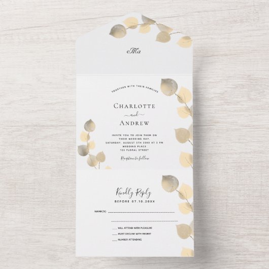 Eucalyptus groen gouden bruiloft all in one uitnodiging (Binnen)