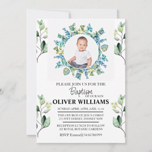 Eucalyptus groen gouden doop FOTO uitnodiging (Voorkant)