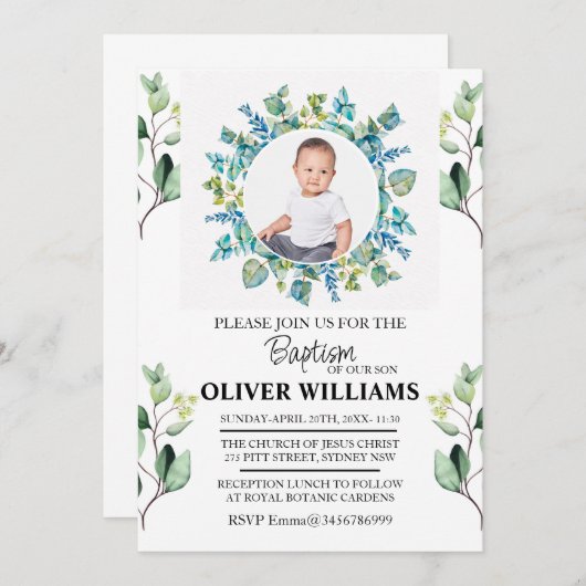 Eucalyptus groen gouden doop FOTO uitnodiging (Voorkant / Achterkant)