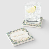 Eucalyptus groen gouden glitters familienaam stenen onderzetter (Zijkant)