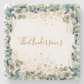 Eucalyptus groen gouden glitters familienaam stenen onderzetter (Voorkant)