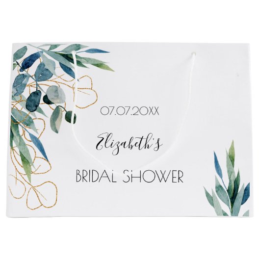 Eucalyptus groen gouden naam bruidsdouche groot cadeauzakje (Voorkant)