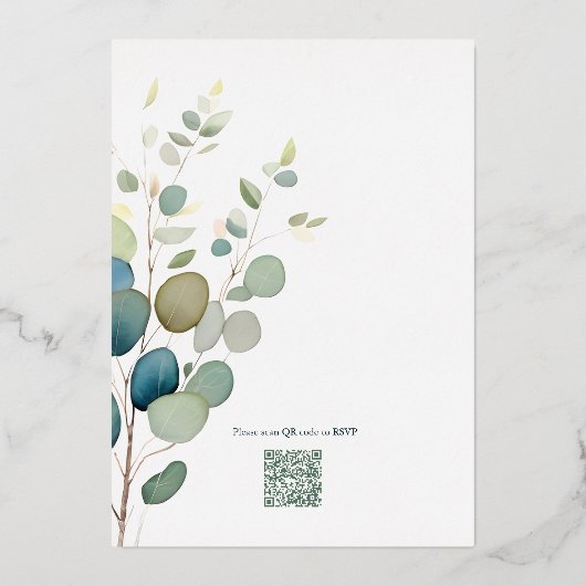 Eucalyptus groen gouden QR code bruiloft uitnodige Folie Feestdagenkaart (Achterkant)