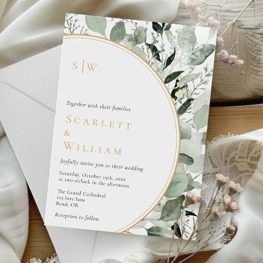Eucalyptus groen gouden salie monogram bruiloft kaart