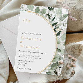 Eucalyptus groen gouden salie monogram bruiloft kaart