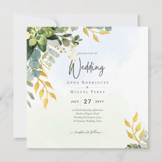 Eucalyptus Groen Gouden Trouw Uitnodiging Groene B (Voorkant)