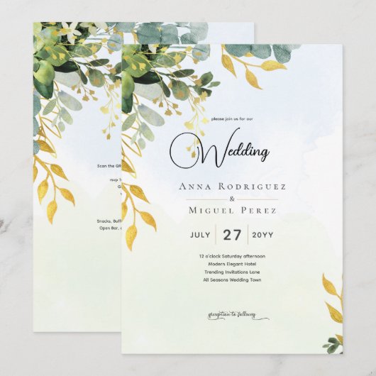Eucalyptus Groen Gouden Trouw Uitnodiging Groene B (Voorkant / Achterkant)