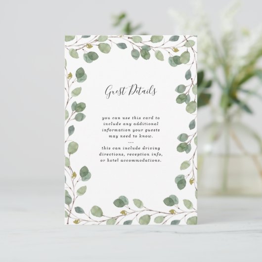 Eucalyptus groen grens | Details bruiloft gast Informatiekaartje (Staand voorkant)