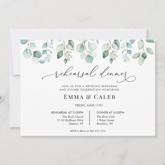 Eucalyptus groen kalligrafie repetitie diner kaart (Voorkant)